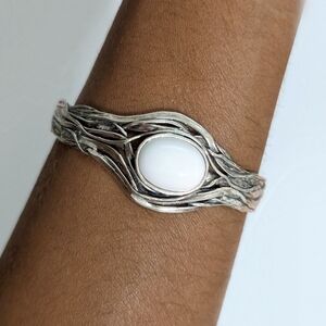Sterling Silver PAZ Cuff Bracelet White Agate Gem Stone Israel 925